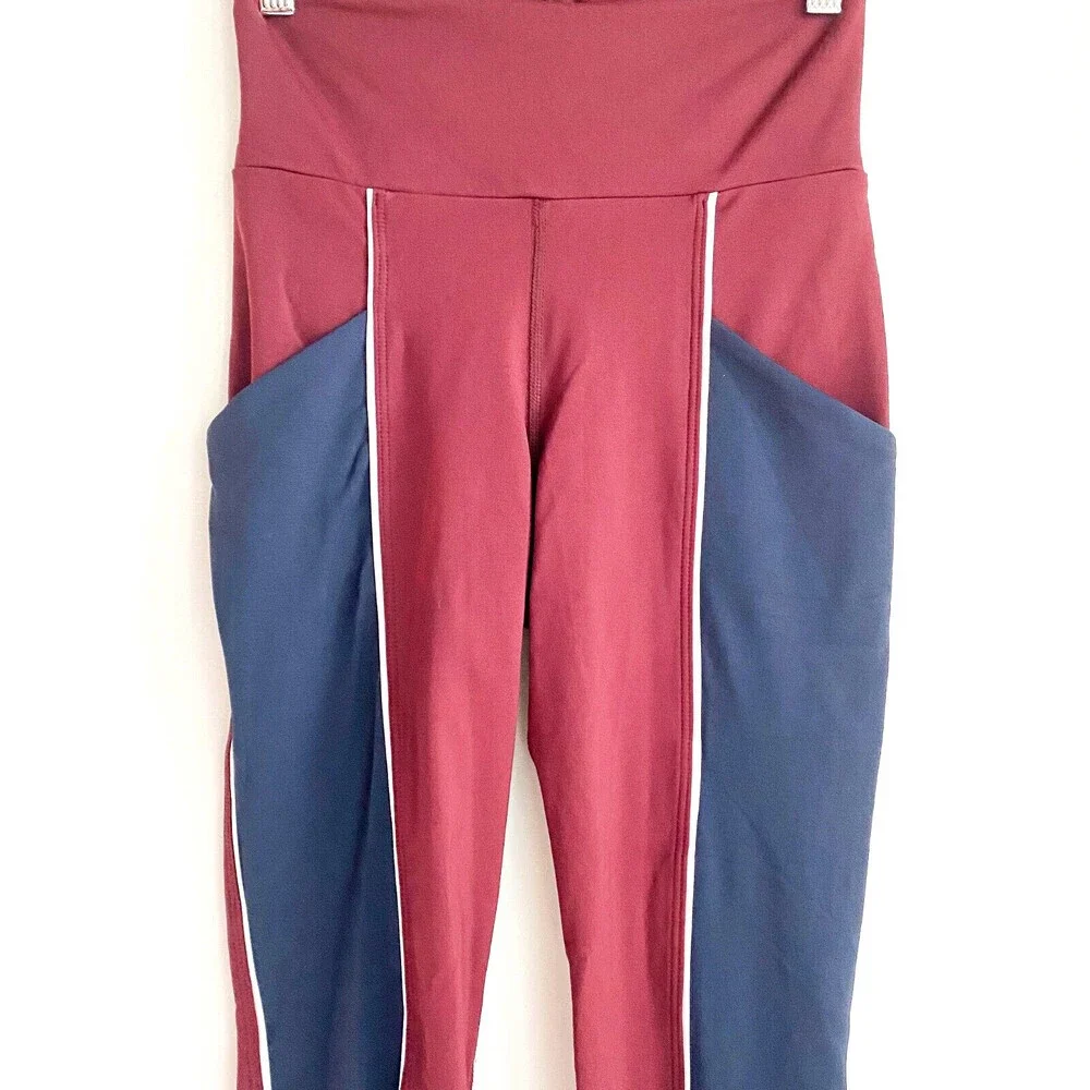 Michi Burgundy Navy Blue Colour block Media Pocket Leggings XS - Picture 2 of 5